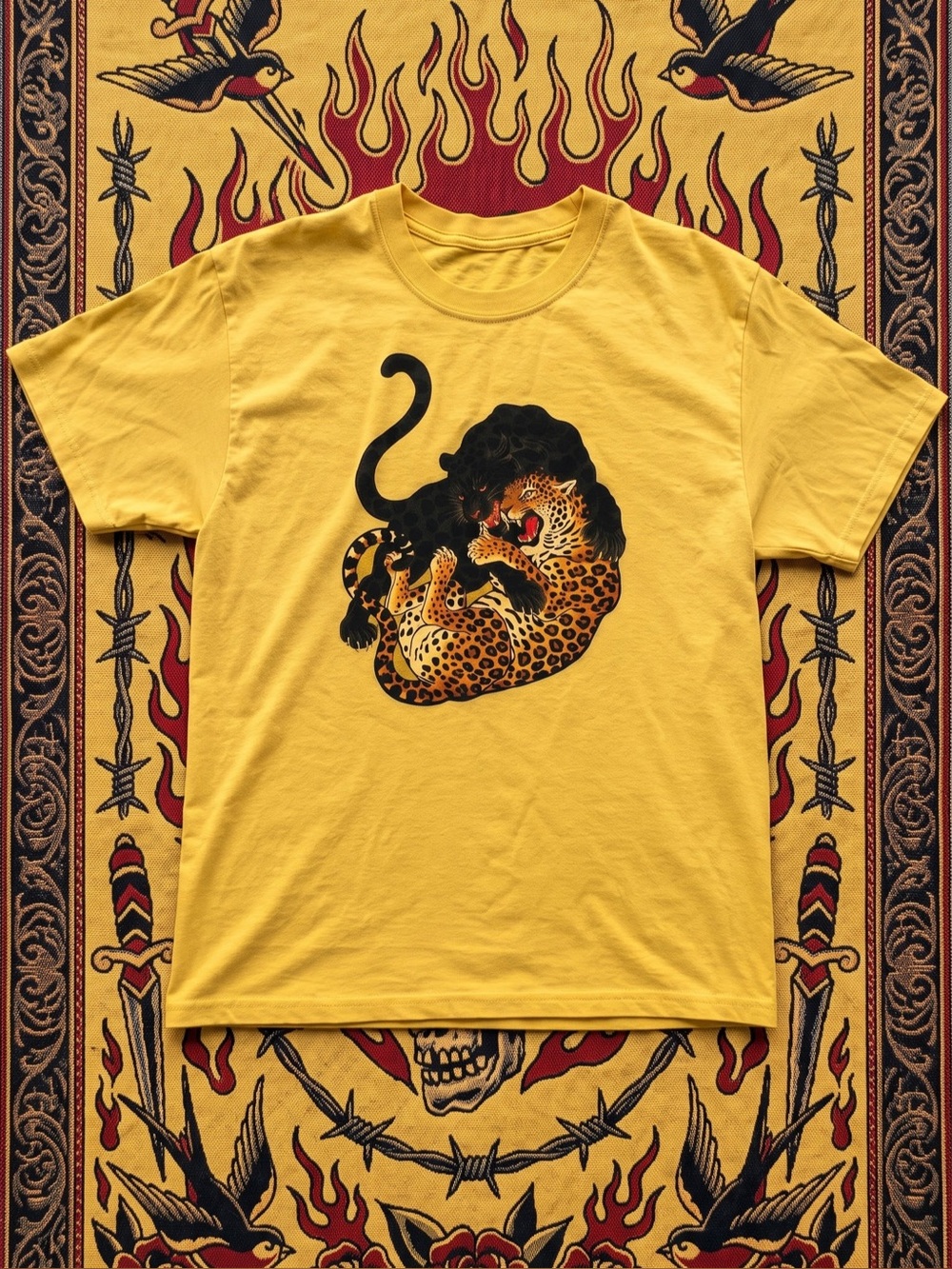 Vintage Style Tattoo Art Leopard & Panther Graphic Tee | Mustard Yellow Gildan
